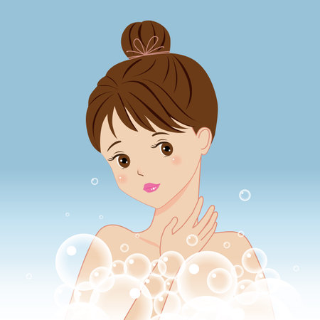 A cartoon girl is in a bathroom with bubbles. The bubbles are white and round, illustrationの写真素材