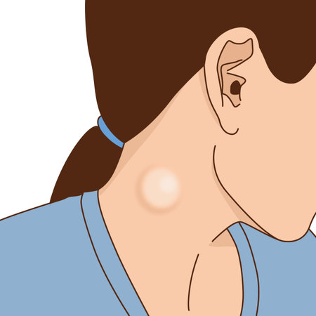Woman's neck has lump inflammation, illustration on white backgroundの写真素材