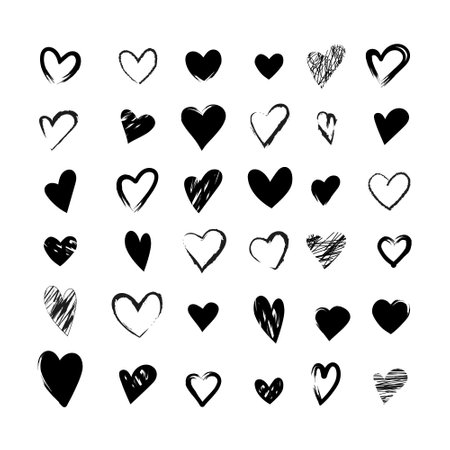 Set of black vector heart icons, for Valentines Day, party, Wedding. Thin line, outline and shape. Collection of art symbols of love and passion for website, app, invitation cards and advertisingのイラスト素材