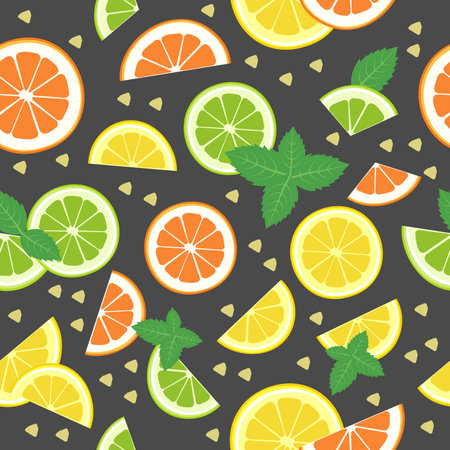 Lemon, Mandarin, lime slices, mint leaves, ginger slices. Seamless bright pattern on a white background. A set of citrus fruits for a healthy lifestyle. Vector flat illustration of useful foodのイラスト素材