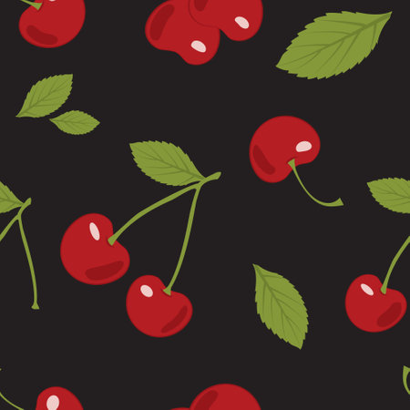 Seamless pattern with cherry and leaves on a black background. Ornament for wrapping paper, print, notepad on a white background. Vector illustration with red and green elements for spring and summerのイラスト素材