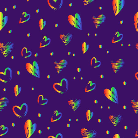 Seamless cute pattern with rainbow hand-drawn hearts on a violet background for Valentines Day. Vector flat illustration in lgbt colorsのイラスト素材