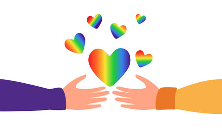 Womens hands with rainbow hearts. A symbol of love between same-sex people, lgbt. Vector flat illustration. Valentines day holiday decorationsのイラスト素材