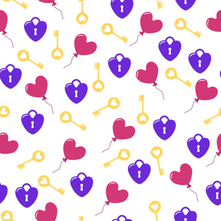 Bright seamless pattern for Valentines Day with locks, keys and heart-shaped balloons. Decorative elements and festive decorations.Vector flat illustrationのイラスト素材