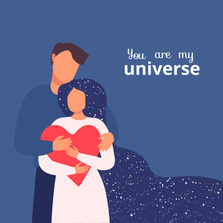 Valentines day web banner for special offers, discounts, sales, postcards. Couple in love, man hugs woman, white flowers in hands, long hair. Vector flat illustration, romantic background with heartsのイラスト素材