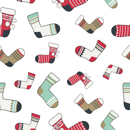 Seamless pattern with socks with dots and stripes and different colour. Winter trendy background of clothing items, gift wrapping, postcards. Vector illustrationのイラスト素材