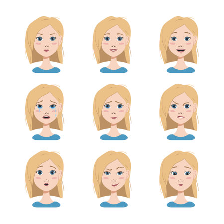 Different emotions of a blonde. Happy, sad, surprised, joyful, distressed, angry facial expressions. Fashion avatar in flat vector artのイラスト素材