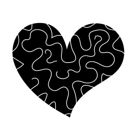 Heart black icon with white line pattern. Holiday decorations for Valentines Day. Hand painted love symbol. Vector illustration on white background for wedding, party, holiday, decor, internet, printのイラスト素材