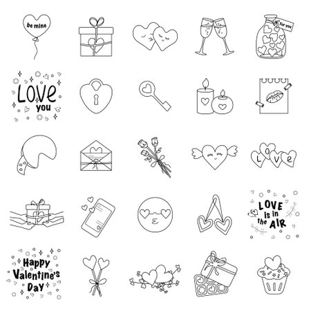 Set of cute isolated icons for valentines day, wedding. Black and white pictograms. Vector illustration with simple linesのイラスト素材