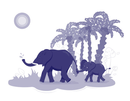 elephant and baby elephant hold on to the tail. Good to be together. Mom support, care of an elder. Help for a special child. Palm trees with coconuts and sun. Vector flat monochrome illustration.のイラスト素材