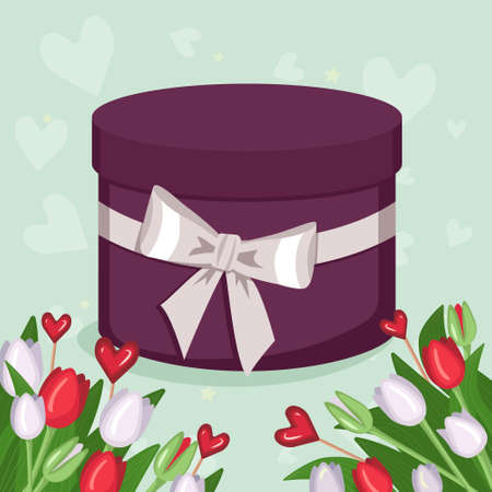 Round gift box with white bow and flower frame. Bouquets of bright spring tulips, heart-shaped lollipops, green stems and leaves. Delicate green romantic background. Vector flat illustrationのイラスト素材