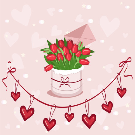 Stylish round box with a sticker for text with red, yellow, white, pink tulips, hearts and envelopes for Valentines Day, Womens Day, Mothers Day. A gift for a girl, mom, grandmother, girlのイラスト素材