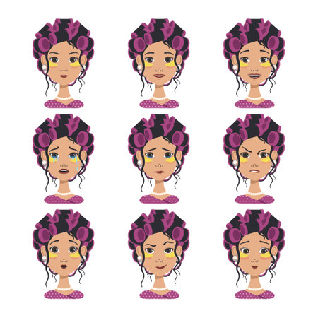 Set of avatars with different emotions. Girl with pink curlers and yellow patches. Fashion avatar in flat vector artのイラスト素材