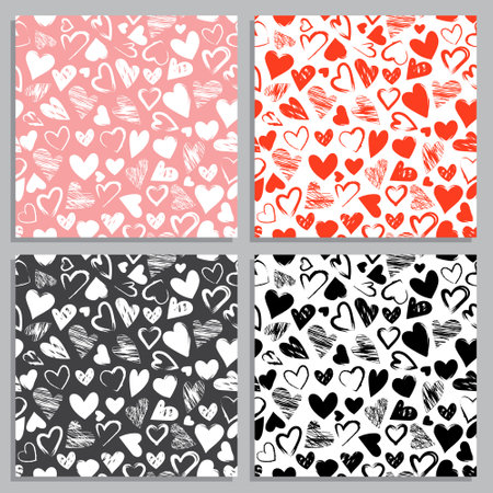 Valentines day set of seamless patterns and decorative elements. Festive ornaments on white background with heart for a princess party, wedding. Vector flat illustrationのイラスト素材