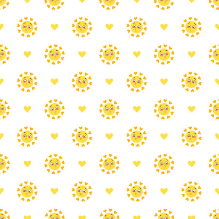 Seamless spring or summer pattern with sun and heart. Cute print with symbols of nature, weather ornament and decorative elements for wrapping paper, gift, carnival, holiday. Vector flat illustrationのイラスト素材