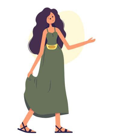 A beautiful sophisticated girl with fanny pack in a green sundress and sandals. Fashionable belt bag. Outfit with yellow ladies bag. Colourful summer vector illustration in flat styleのイラスト素材