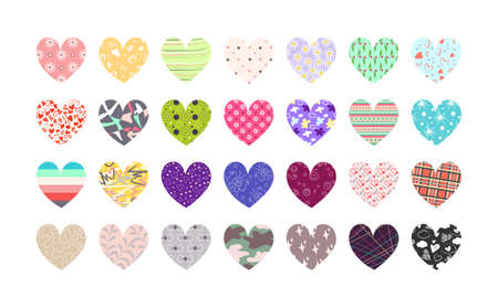 Large collection love symbol with different textures, patterns and festive decorations on a white background for Valentine day wedding, party, holiday. Spring holiday. Vector flat illustrationのイラスト素材