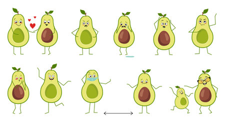 Set of cute avocado characters with emotions isolated on white background. The funny or sad heroes,...