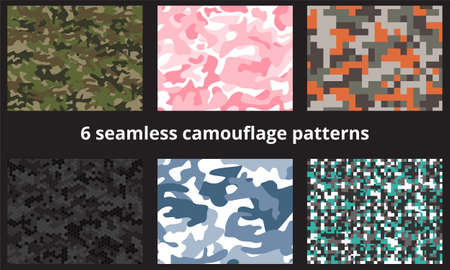 Set of trendy seamless camouflage, military and pixel patterns. Bright ornament for defenders of the fatherland day, postcards, wrapping paper, clothes, prints. Vector simple illustrationのイラスト素材