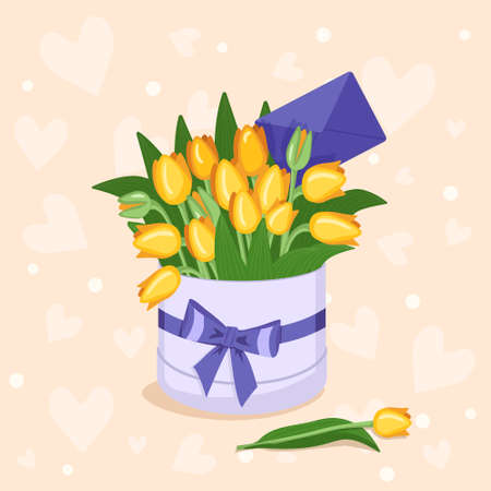 Stylish round box with a sticker for text with red, yellow, white, pink tulips, hearts and envelopes for Valentine Day, Women Day, Mother Day. A gift for a girl, mom, grandmother, girlのイラスト素材