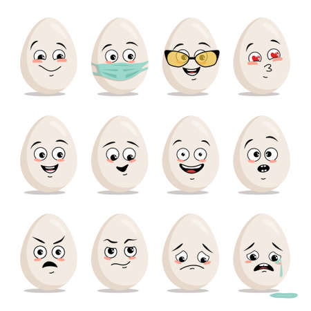 Happy Easter festive decoration. Set of icons of eggs with different emotions, smile isolated on white background. Smiling cartoon spring and summer emoticons. Vector flat illustration.のイラスト素材