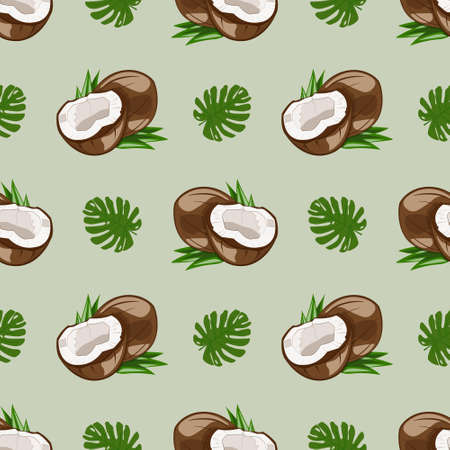 Coconut nut icon. A ripe tropical jungle fruit with white juicy pulp. Palm leaf growing in green tropical forest. Vector flat cartoon illustration seamless pattern on green backgroundのイラスト素材