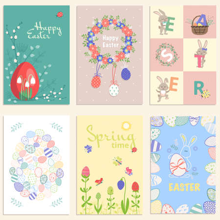 Set of Happy Easter postcards. Festive decoration with spring elements, flowers and eggs. Vector flat illustrationのイラスト素材