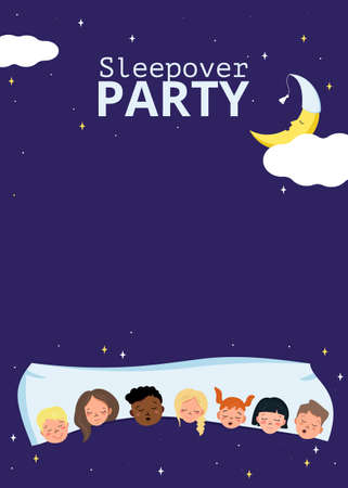 Children sleepover poster in pyjama party style. Card with text on a blue background. Children of different nationalities sleep together on a pillow, sleepy moon and stars.のイラスト素材
