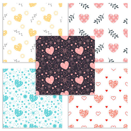 Valentine's day set of seamless patterns and decorative elements. Festive ornaments on white background with heart for a princess party, wedding. Vector flat illustrationのイラスト素材