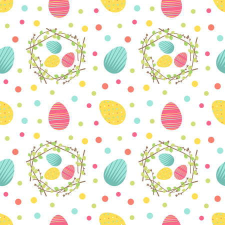 Happy Easter cute print. Festive decoration seamless pattern with eggs, wreath and dots. Elements for wrapping paper, printing. Vector flat illustrationのイラスト素材
