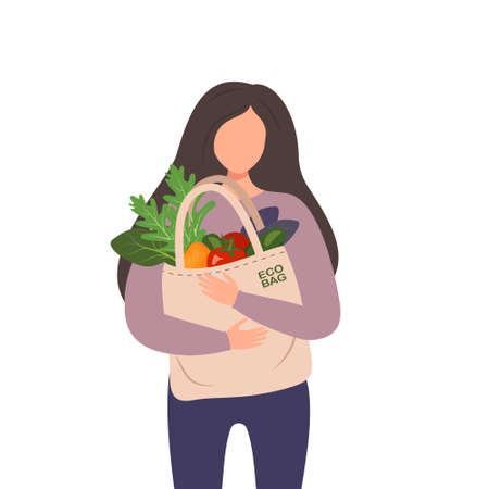 A woman holds a textile bag with vegetables in her hands. Shopping of organic products. Say no to plastic. Waste-free consumption and saving the environment. Eco concept. Vector flat illustrationのイラスト素材