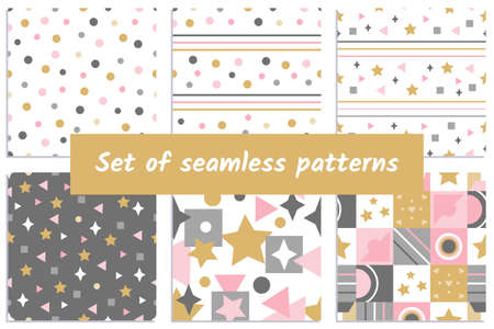 Set of abstract seamless pattern with squares, stars, lines and other elements. Cute print with gold, pink and gray colour.  Vector backgroundのイラスト素材