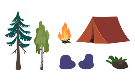 Set of forest recreation or picnic icons with tent, fire and trees. Elements of the environment and tourism. vector flat illustrationのイラスト素材