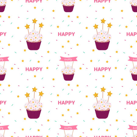 Bright holiday pattern with cakes, stars and other design elements on white background. Cute princess party print with delicious dessert. No diet dayのイラスト素材