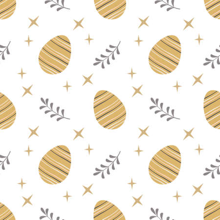Happy Easter seamless pattern with eggs. The symbol of the Christian Spring Holiday. Festive decoration drawn in black and gold lines with abstract elements on a white background. Vector graphicsのイラスト素材