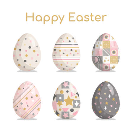 Happy Easter. Set of Easter eggs with cute patterns, different textures and festive decorations pink and gray colours on a white background. Spring holiday. Vector flat illustrationのイラスト素材