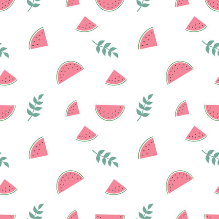 Cute seamless pattern with watermelon and twigs in pastel colours. Summer print for textiles, wrapping paper and other designs. Vector flat illustrationのイラスト素材