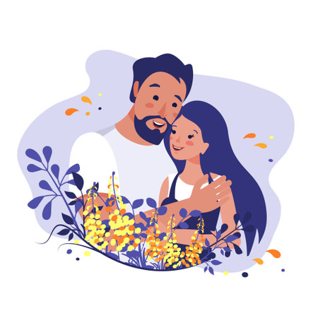 The man hugs the woman. relationships between people. Love, care and support. Vector spring illustration of people in a floral frame.のイラスト素材
