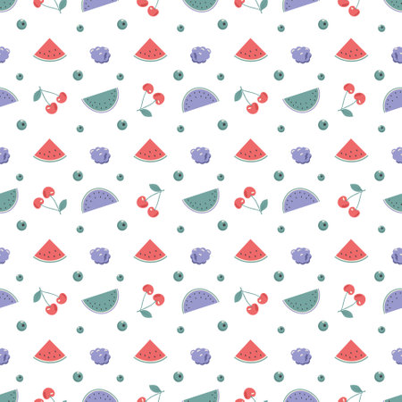 Cute trendy spring or summer seamless pattern with cherries, raspberries and watermelons. Delicate print for textiles, wrapping paper and design. Vector flat illustrationのイラスト素材