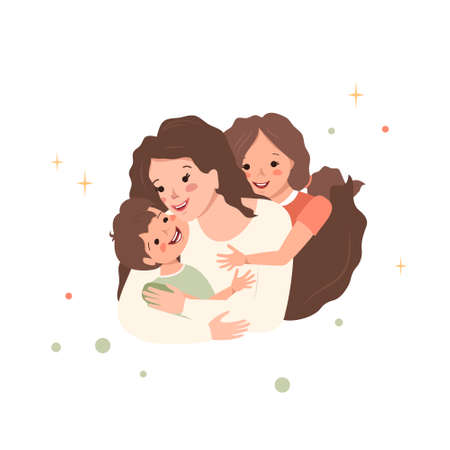 Mom hugs her son and daughter. Happy family. Mom love for children. International maternity day, women day. Parenting and caring. Vector flat cartoon illustration in pastel coloursのイラスト素材