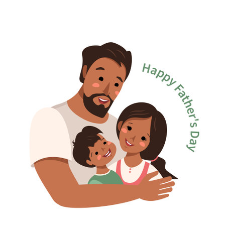 Dad hugs his son and daughter. Happy family. The man spends time with the children. International father day, men day. Education and care. Vector flat cartoon illustration in pastel coloursのイラスト素材