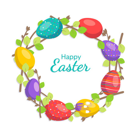 Happy Easter wreath in bright colours. Festive decoration with spring elements, flowers and eggs. Vector flat illustration. Suitable for postcards, prints and designsのイラスト素材