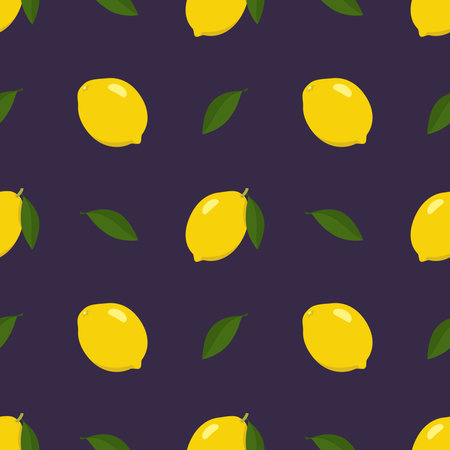 Seamless bright spring and summer pattern with lemon and slices on a dark background. A set of citrus fruits for a healthy lifestyle. Vector flat illustration of healthy foodのイラスト素材