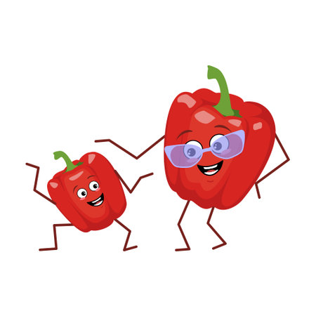 Cute character funny grandmother and grandson bell pepper isolated on white background. The funny or sad hero, bright fruit and vegetable with glasses. Vector flat illustrationのイラスト素材