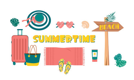 Cute bright set of summer things for travel and beach vacation. Items for holiday at sea or in...