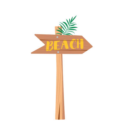 Wooden sign, signpost with the inscription beach and palm branch. Decorative element of vacation, travel, summer subject. Vector flat illustrationのイラスト素材