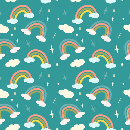 Cute seamless pattern with rainbows. Fabulous delicate print on a blue background. Suitable for princess party, baby products, wrapping paper, textiles, design. Vector flat illustrationのイラスト素材