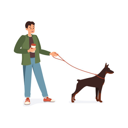 A man with a mug of coffee in his hand walks the Doberman dog. Happy pet owner. Vector illustrationのイラスト素材