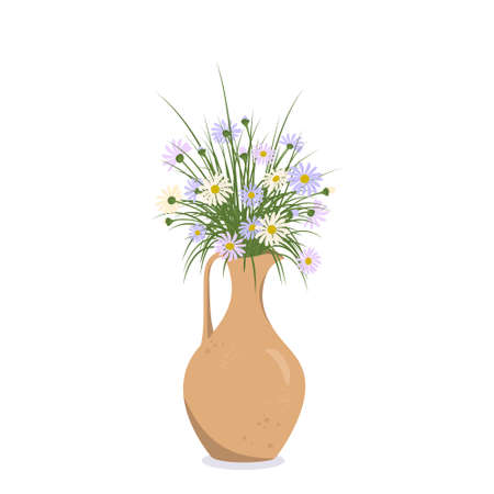 Cute spring and summer flowers in a vase or clay jug. Bouquet of daisies as a gift. Interior decoration. Plant shop. Vector illustrationのイラスト素材
