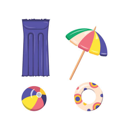 Set of summer items on the sandy beach. Bright vector postcard for sea holidays, travel and trip.のイラスト素材
